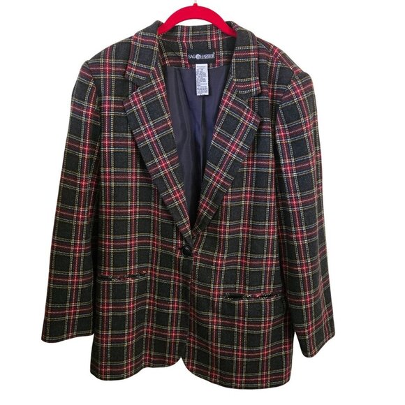 Sag Harbor Vintage Gray Red Plaid Blazer Wool Blend Pockets Size 14 - Picture 1 of 5
